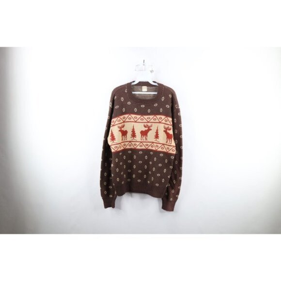 Vintage 60s 70s Streetwear Mens Large Christmas Elk Fair Isle Knit Sweater USA - Picture 1 of 9